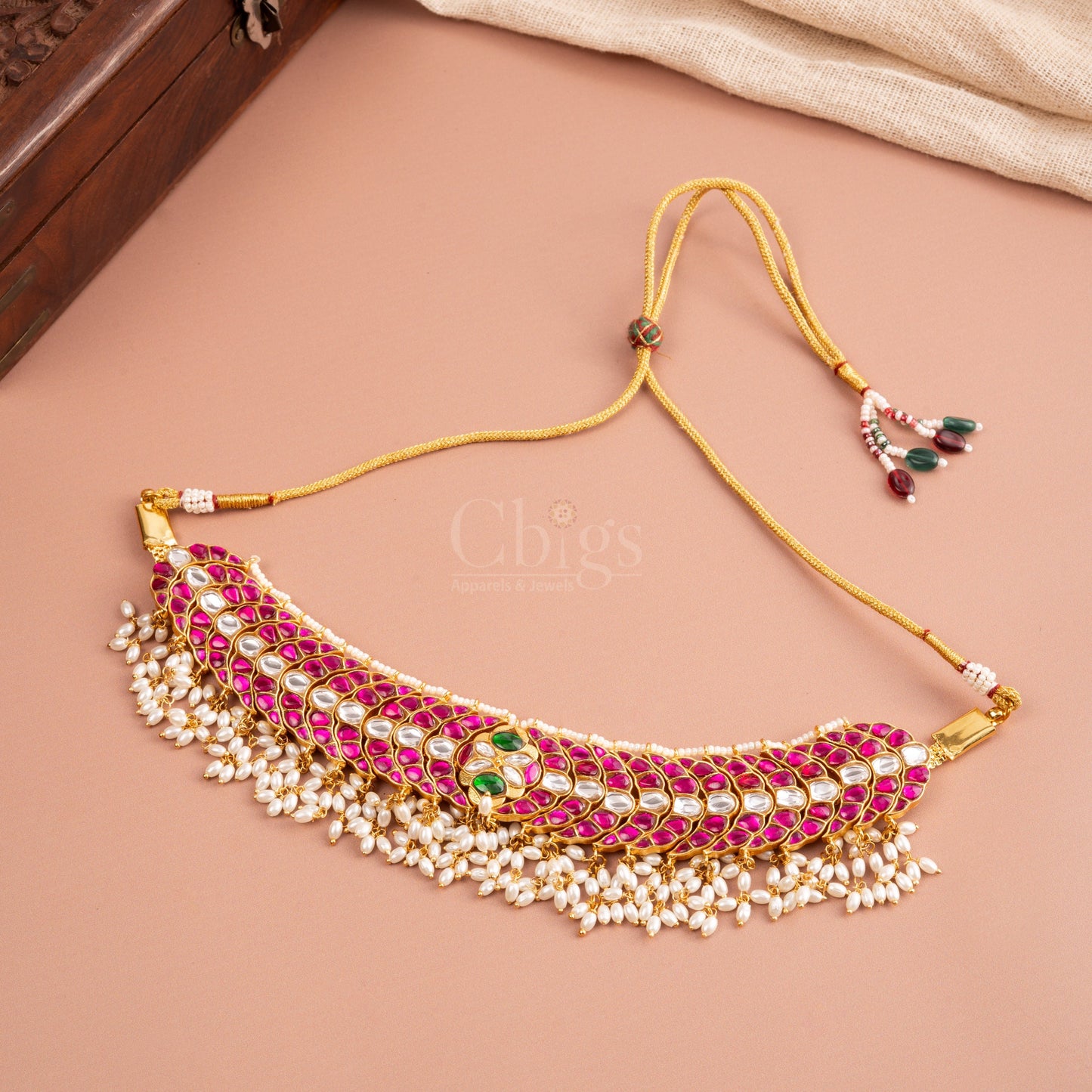 Peacock Jadau Choker with Real Pearls & Pink-Green Detailing