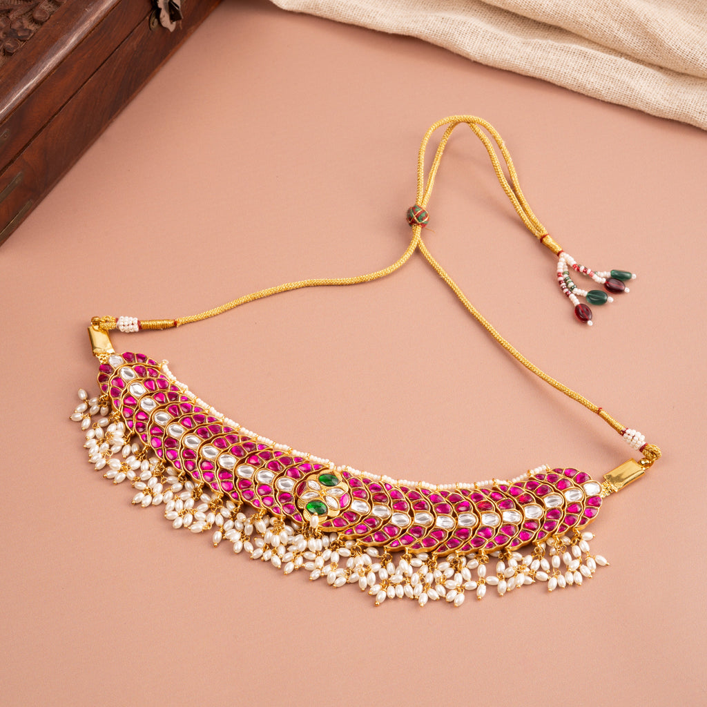 Peacock Jadau Choker with Real Pearls & Pink-Green Detailing
