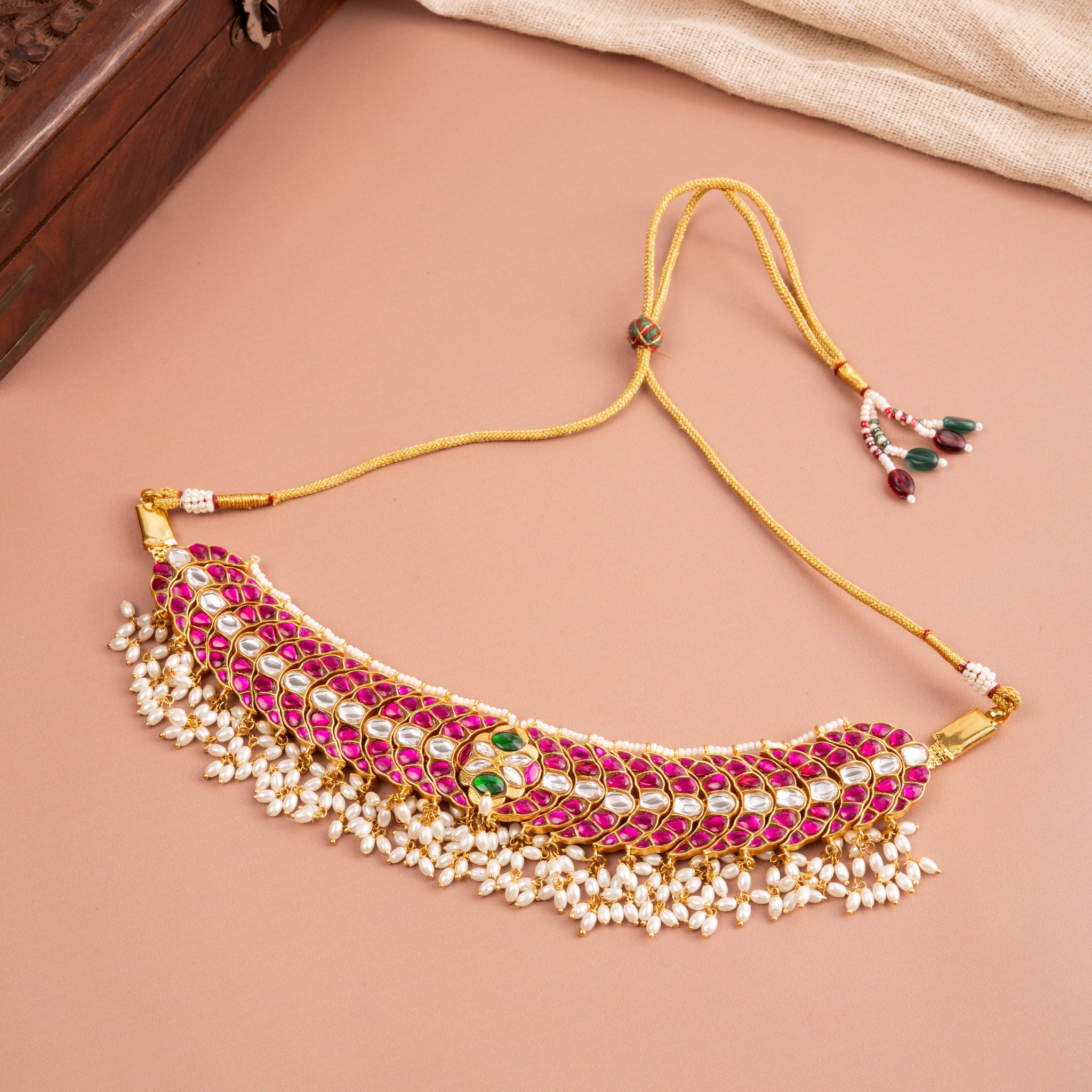 Peacock Jadau Choker with Real Pearls & Pink-Green Detailing