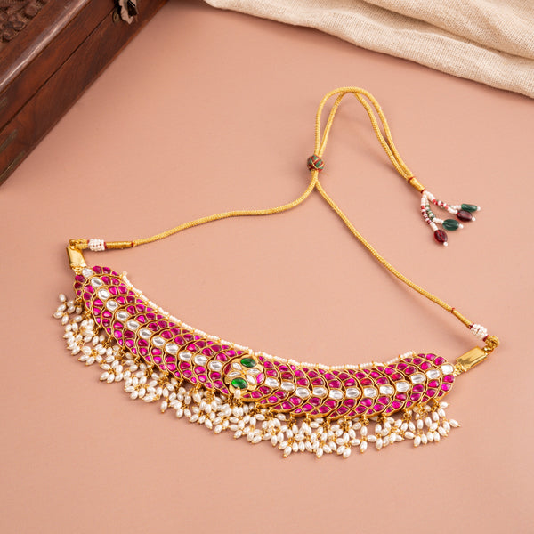 Peacock Jadau Choker with Real Pearls & Pink-Green Detailing