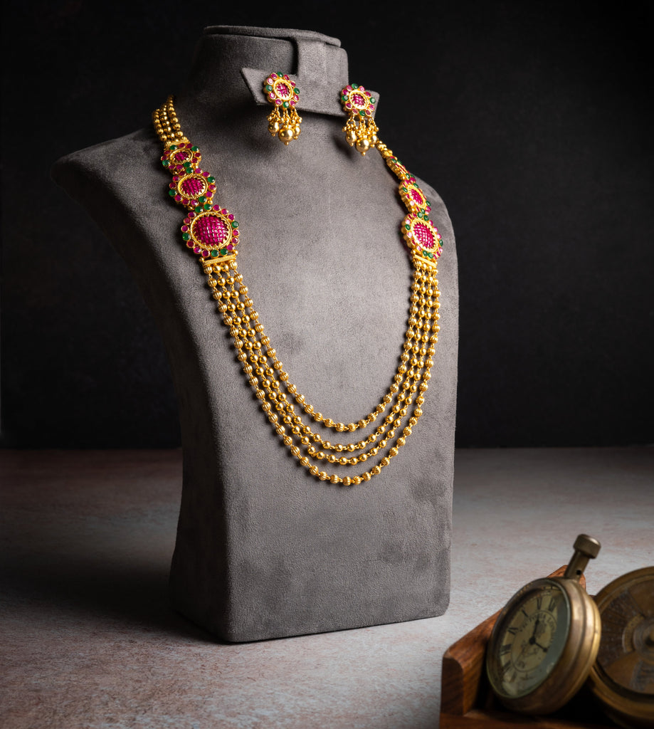 Antique Pink-Gold Ball Mala Necklace Set