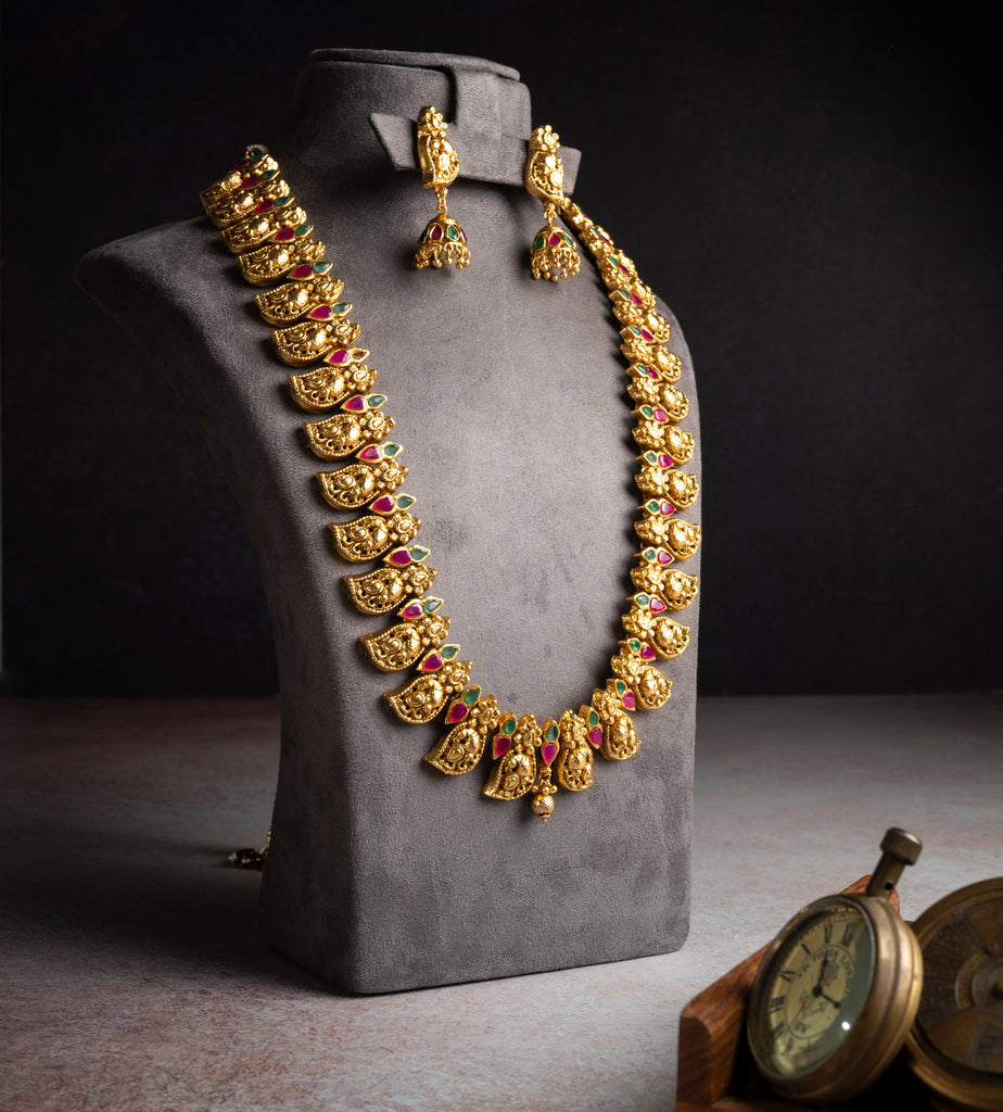 Antique Lakshmi Mango Motif Necklace Set with Kemp Stones