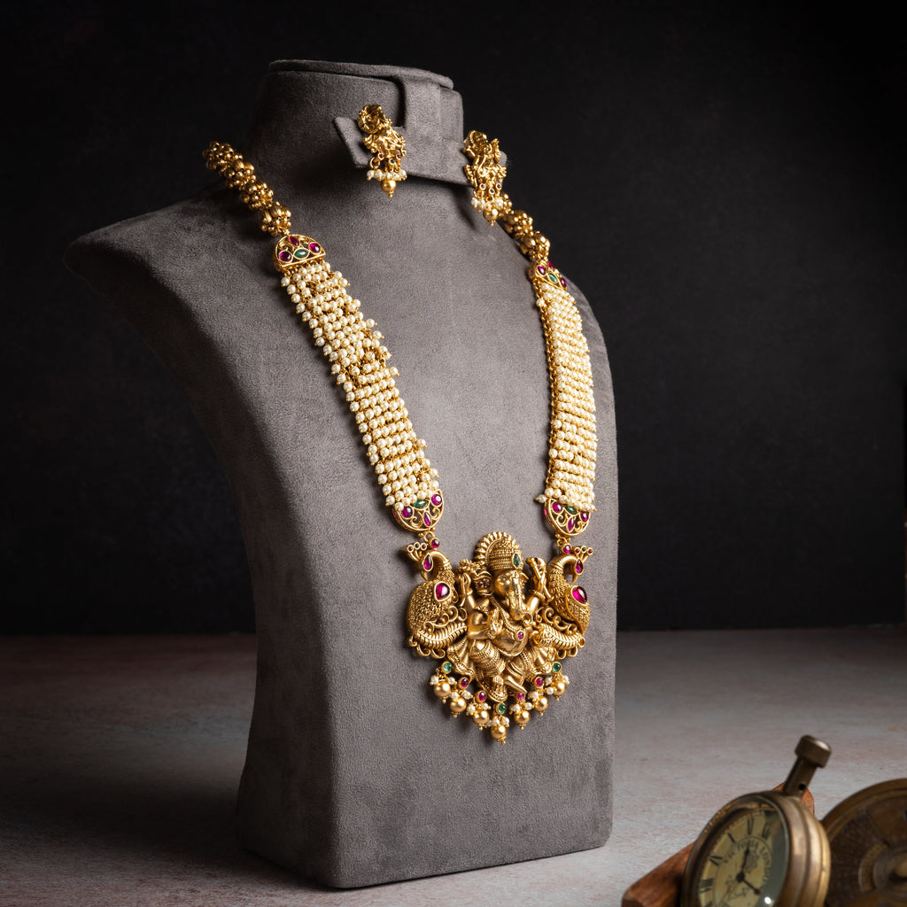 Statement Temple Jewellery Set – Ganesha Pearl Haaram