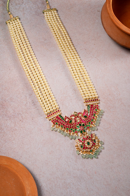 Kundan Pearl Bridal Haram with Peacock Motif Pendant