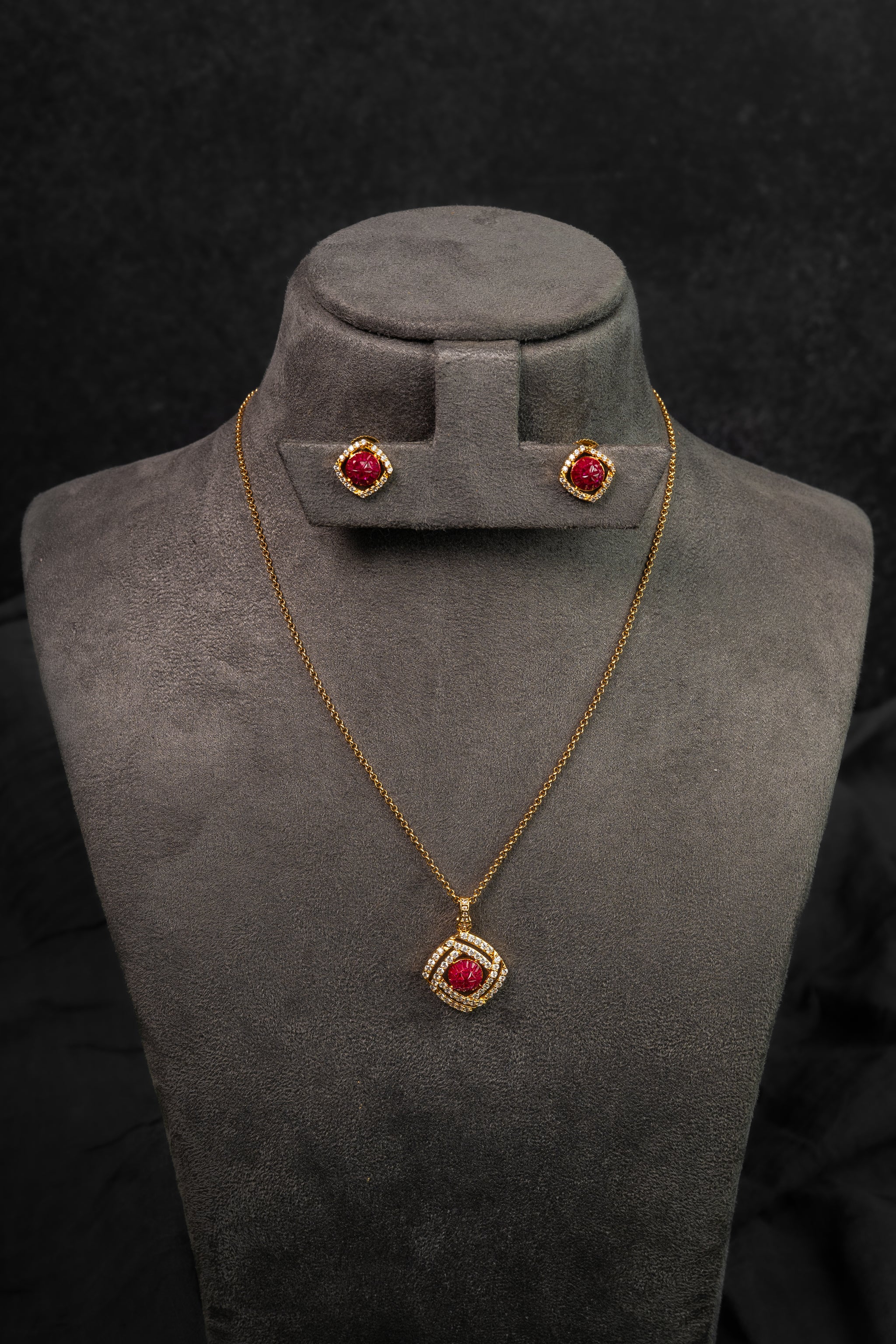 Ruby Square Halo Diamond Crush Pendant Set (PS-247)
