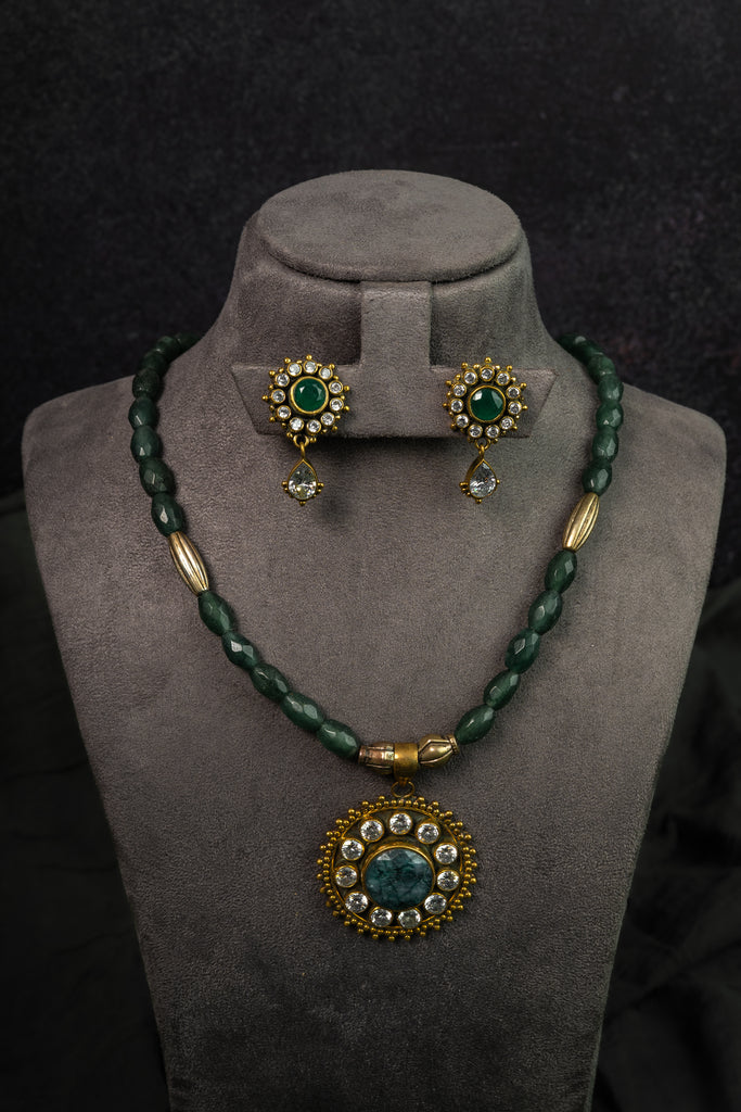 Green Jade Heritage Pendant Necklace Set (IBM-162)