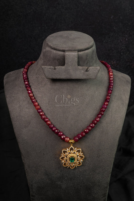 Ruby Floral Pendant Beaded Necklace