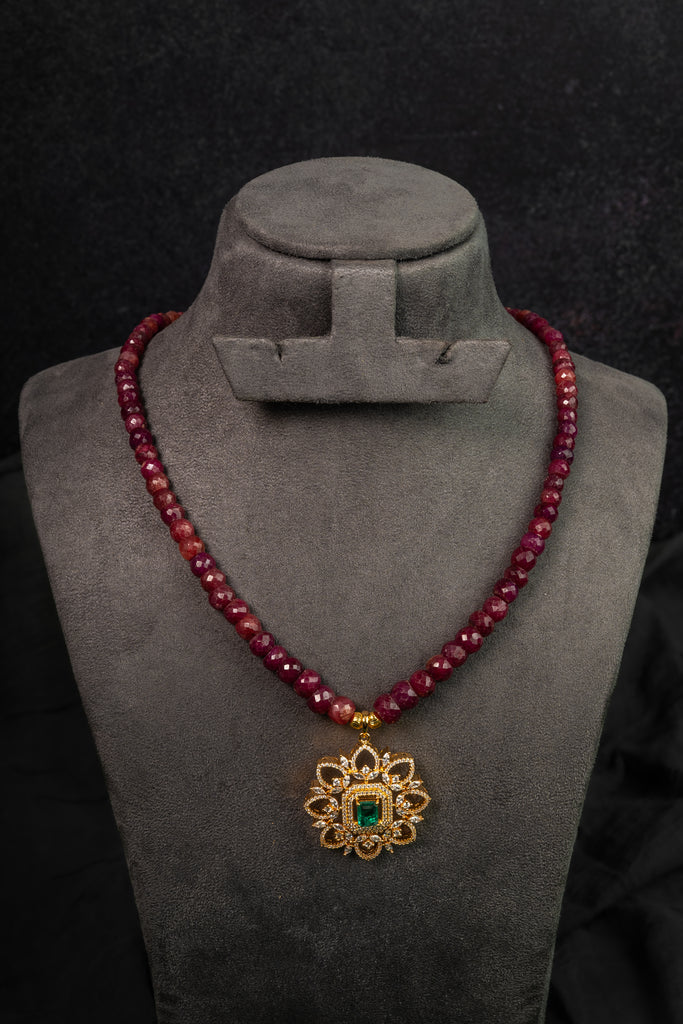 Ruby Floral Pendant Beaded Necklace