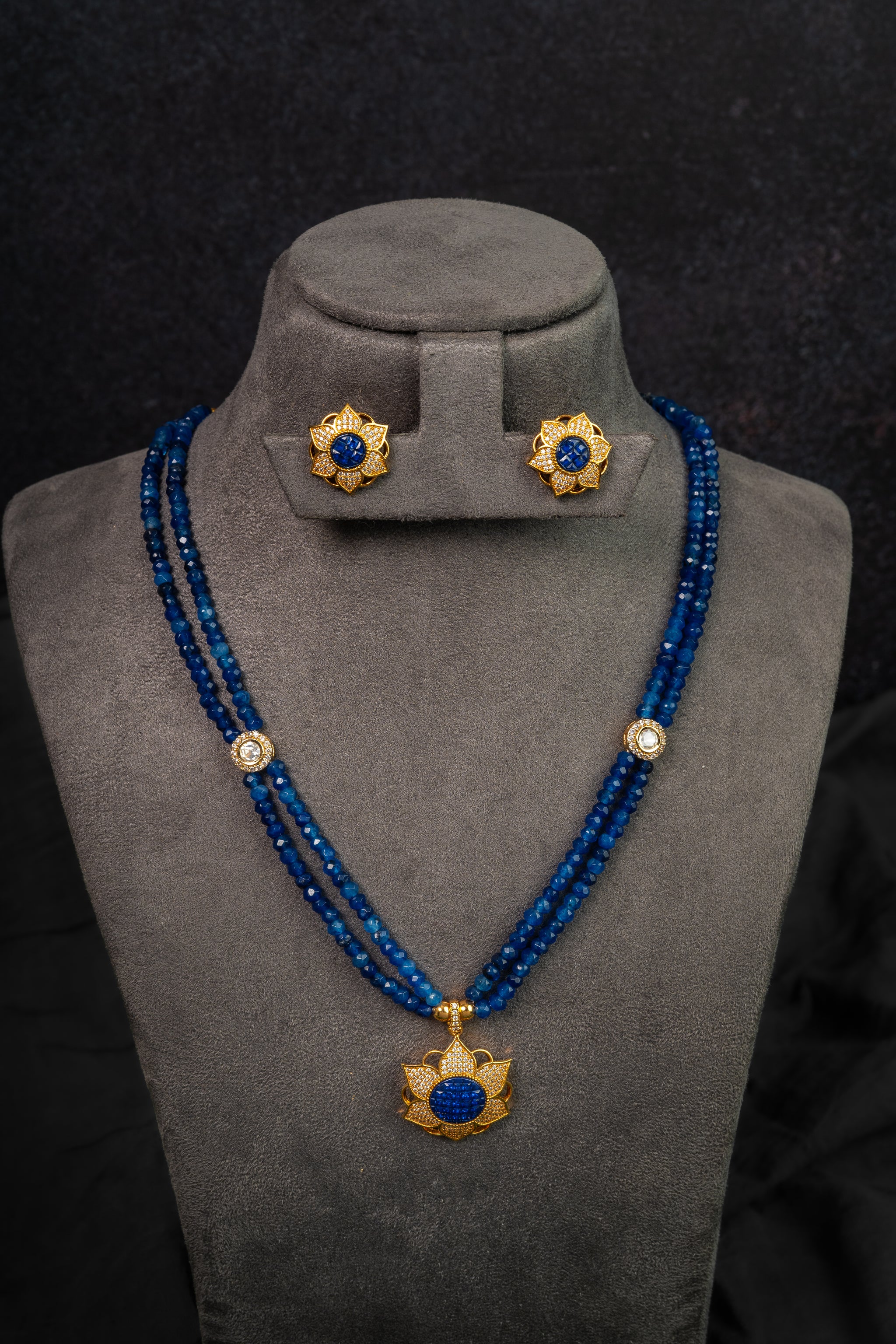 Sapphire Beaded Pendant Necklace Set (IBM-451)
