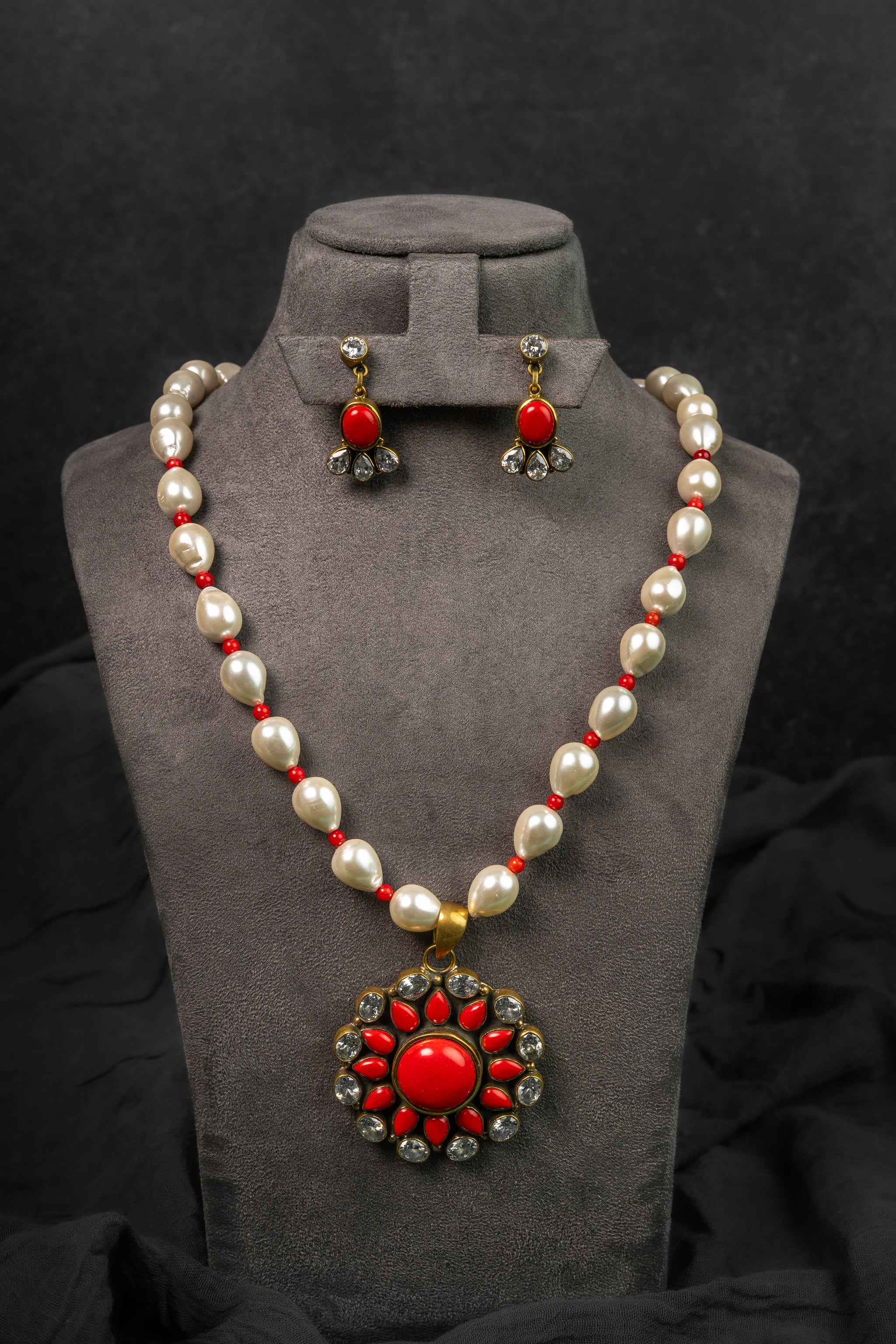 Pearl Coral Statement Necklace Set