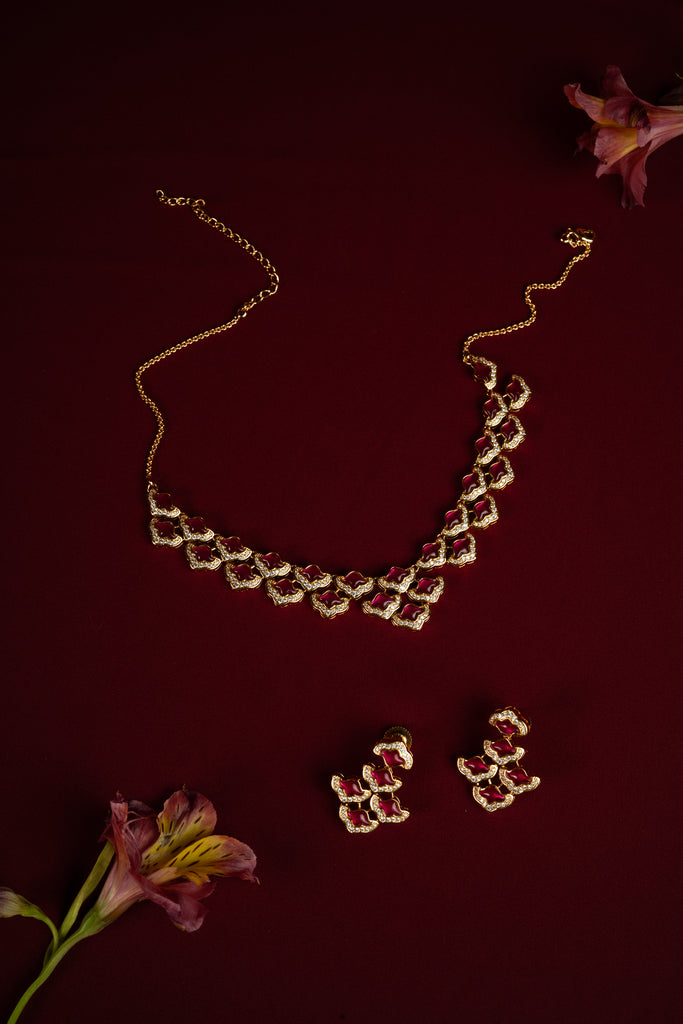 Clover  Ruby sparkle Diamond Crush Necklace Set (A-516)