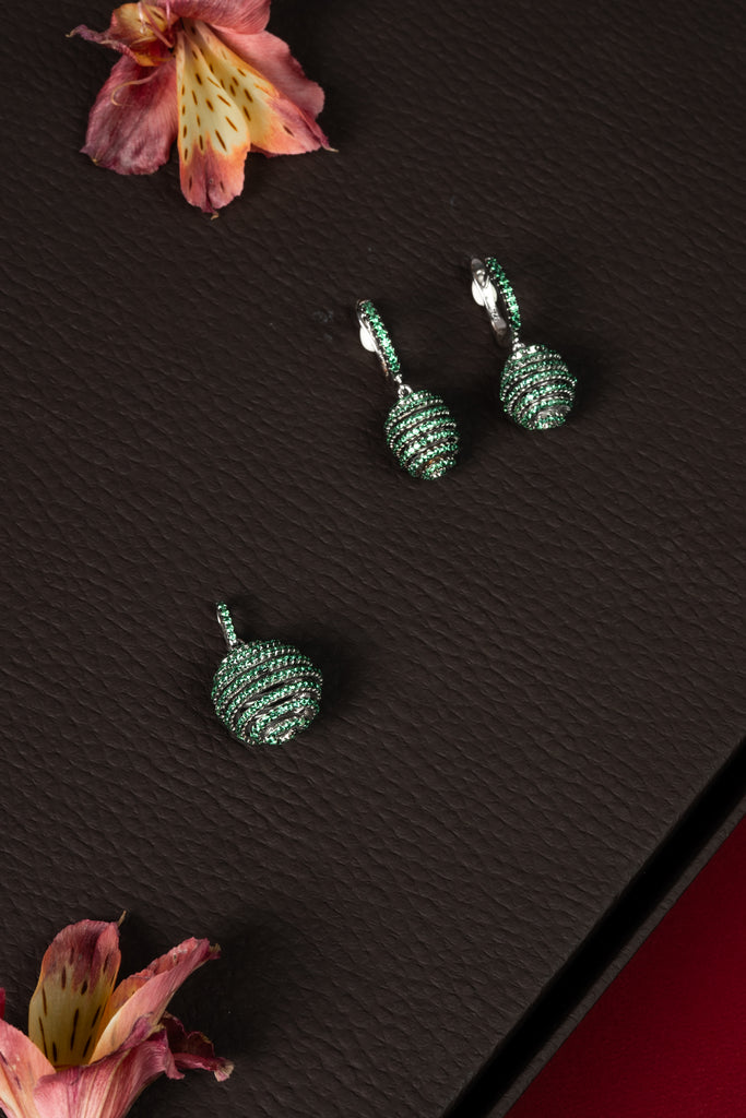 92.5 Silver Green Crystal Sphere Pendant Set