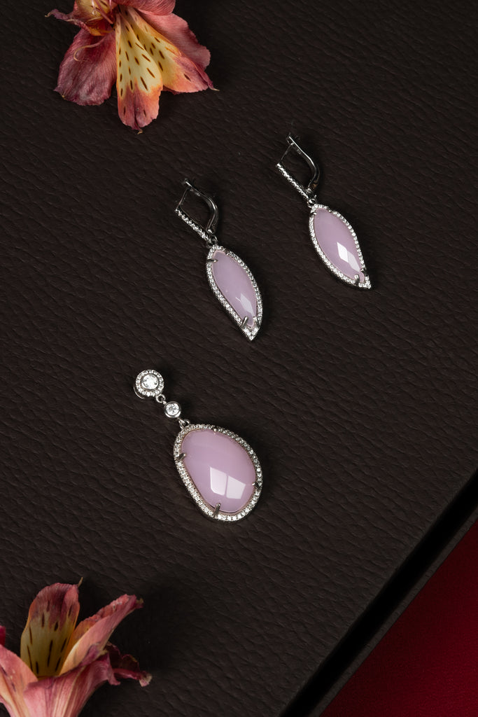 92.5 Silver Soft Pink Marquise Stone Pendant Set