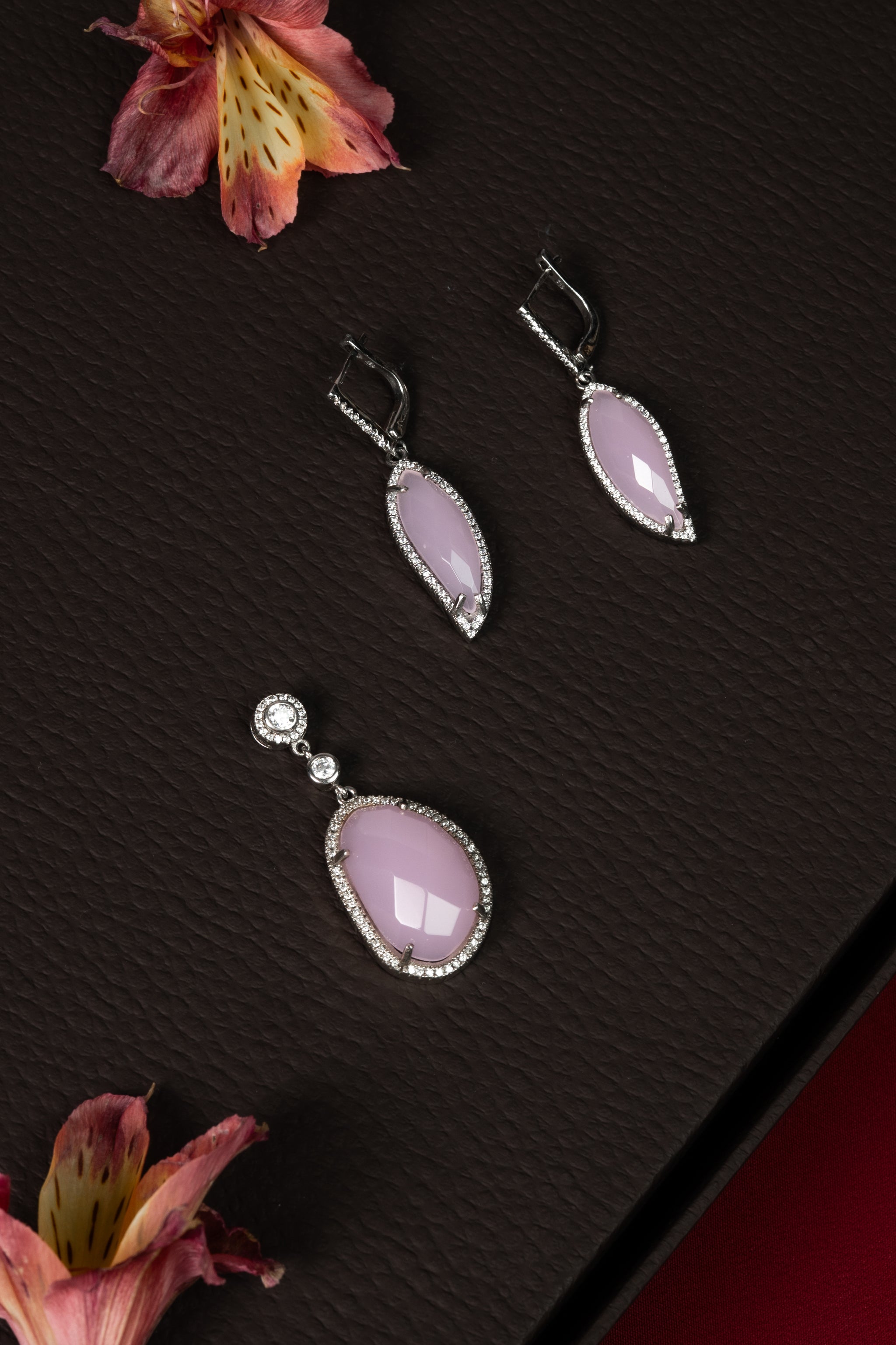 92.5 Silver Soft Pink Marquise Stone Pendant Set