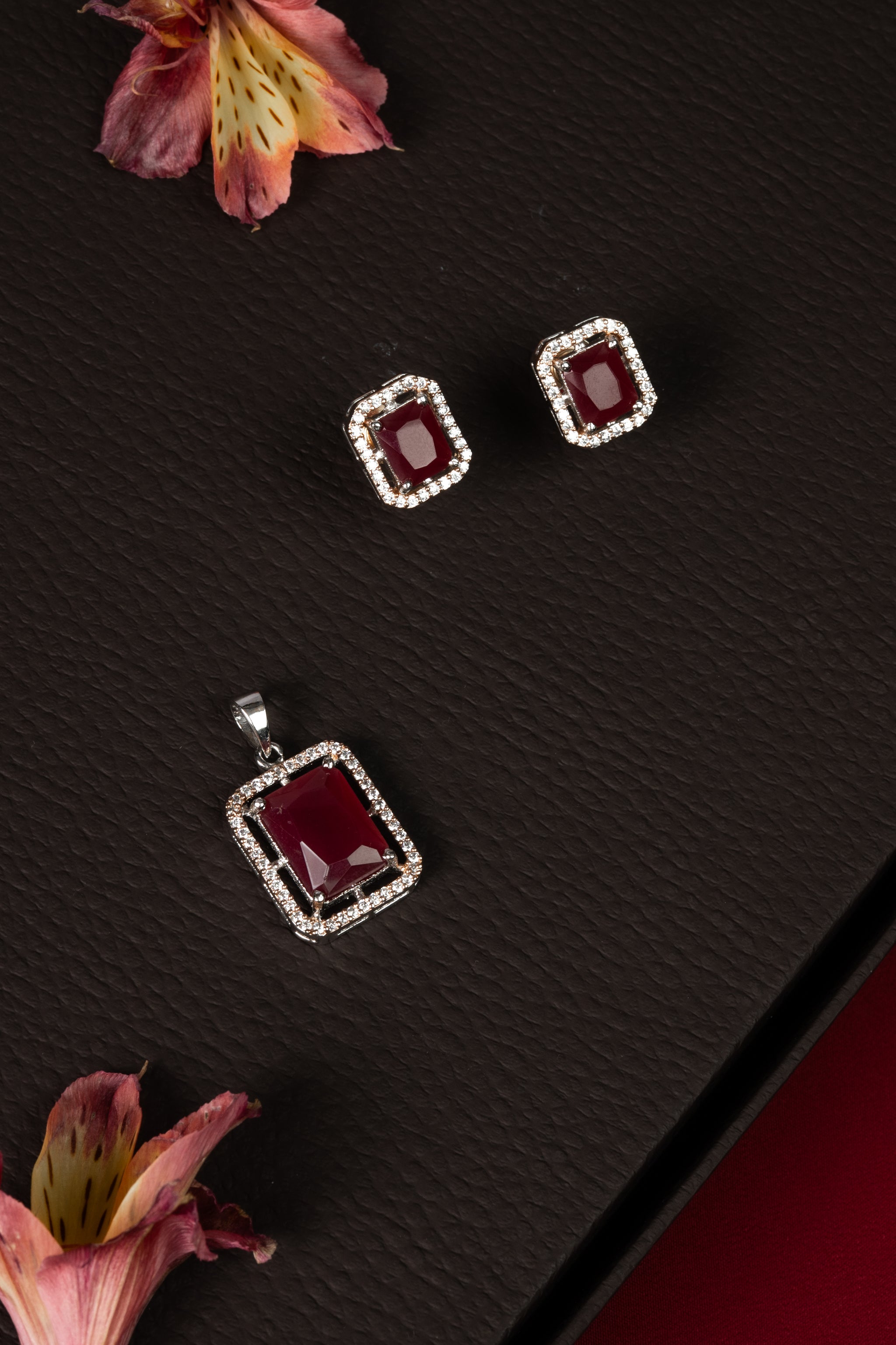 92.5 Silver Ruby-Tone Rectangle Pendant Set