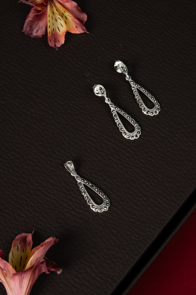 92.5 Silver Green Bead Drop Pendant Set