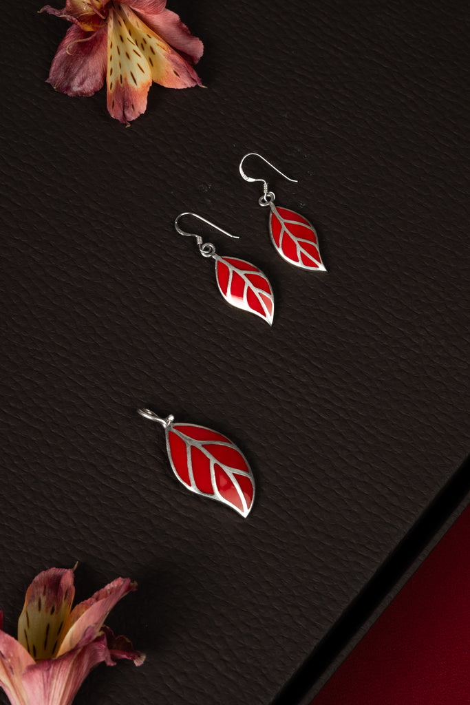 92.5 Silver Red Enamel Leaf Pendant Set