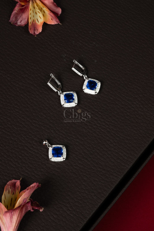 92.5 Silver Blue Square Stone Pendant Set