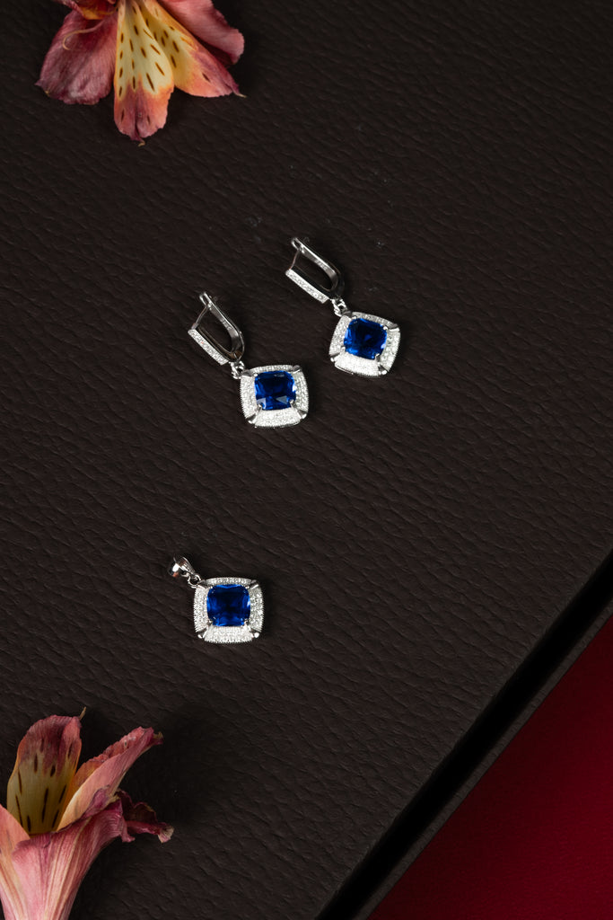 92.5 Silver Blue Square Stone Pendant Set