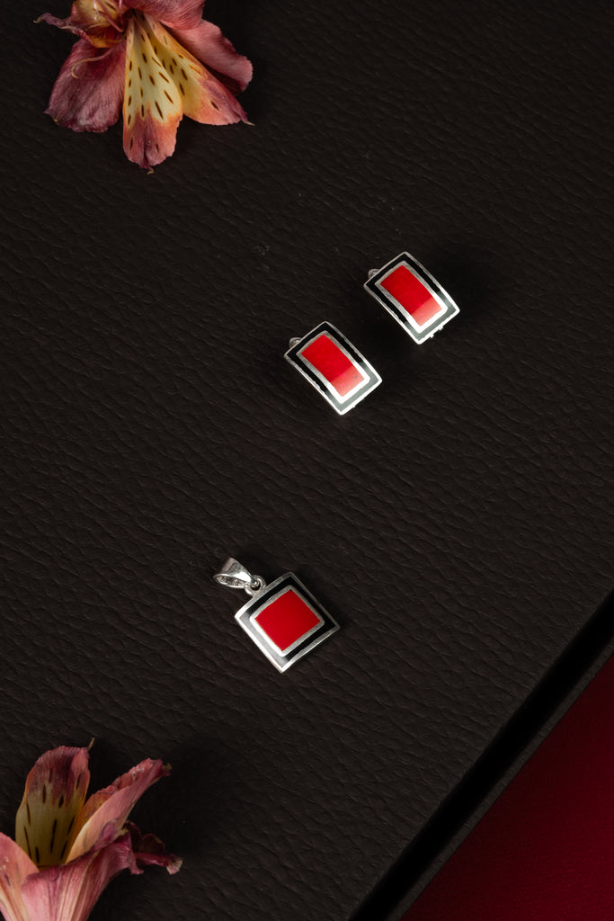 92.5 Silver Red Enamel Square Pendant Set