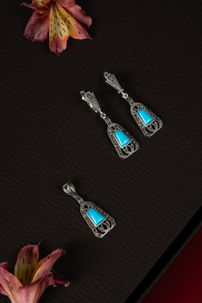 92.5 Silver Turquoise Stone Pendant Set