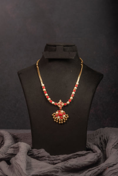 Coral Pearl Long Kemp Attigai Necklace