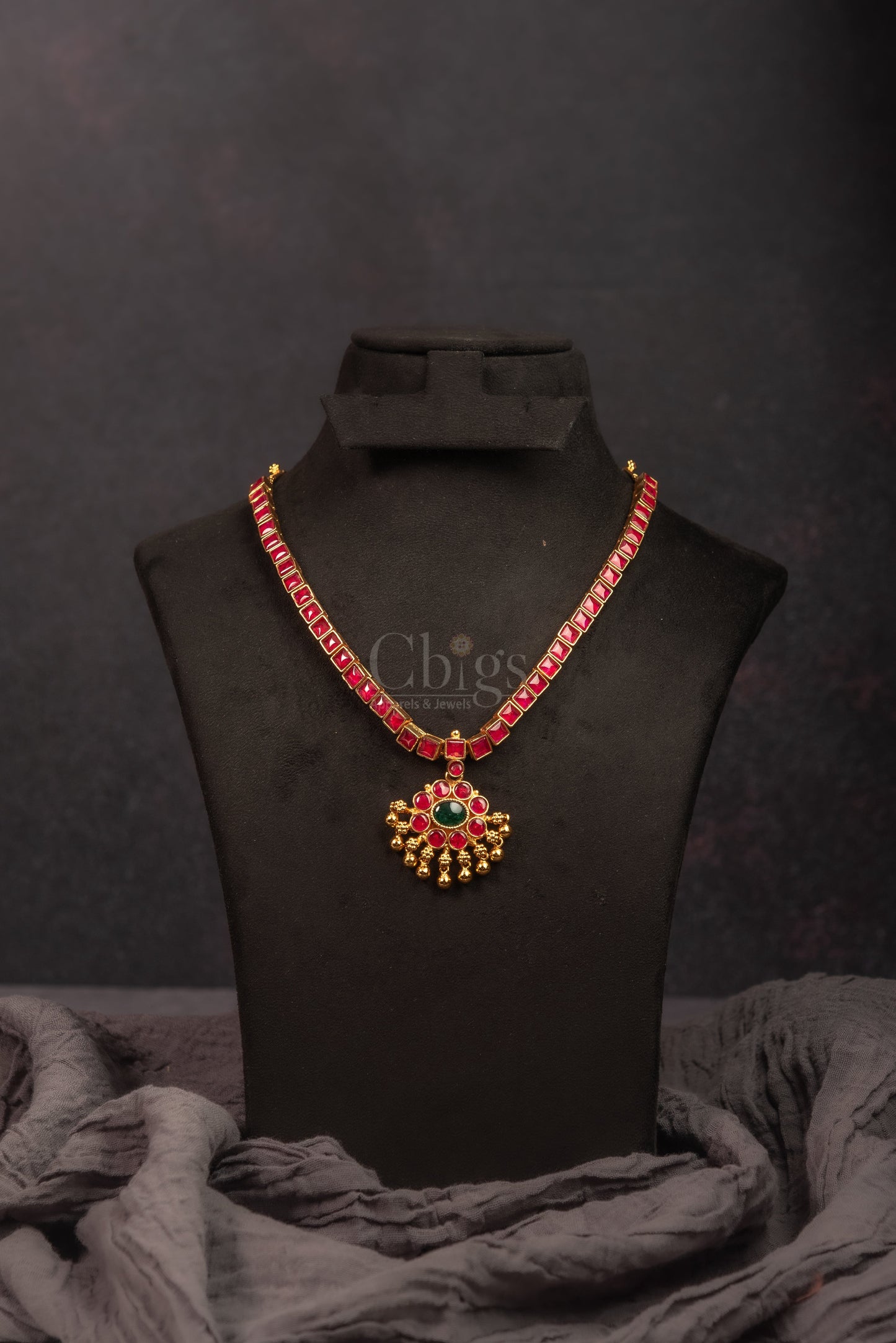 Ruby Square Stone Kemp Attigai Necklace