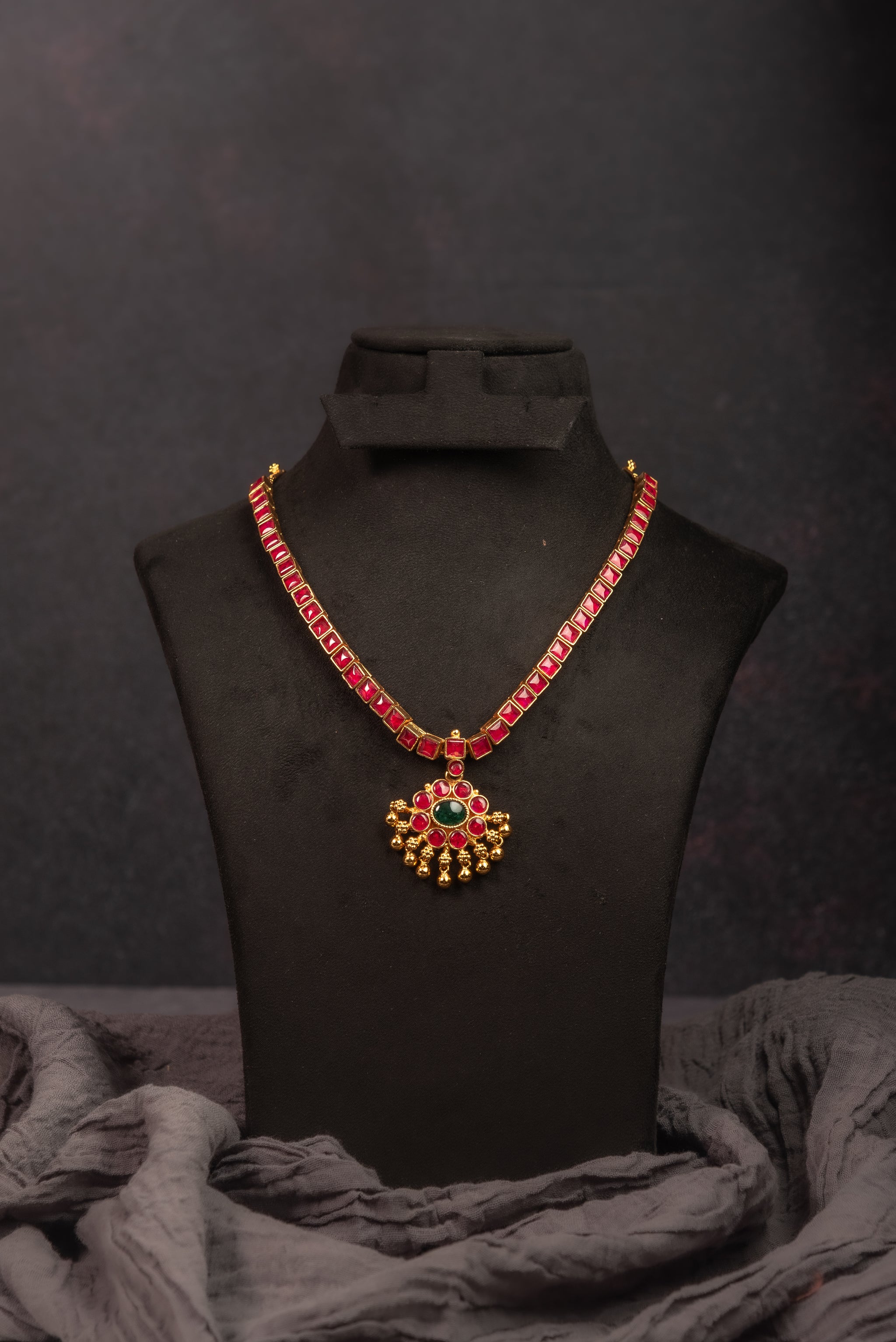 Ruby Square Stone Kemp Attigai Necklace