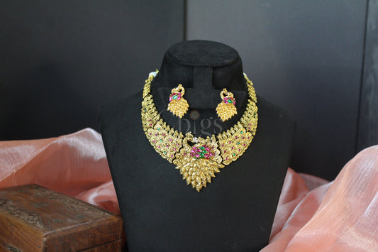 Ruby Emerald Peacock Leaf Antique Necklace Set