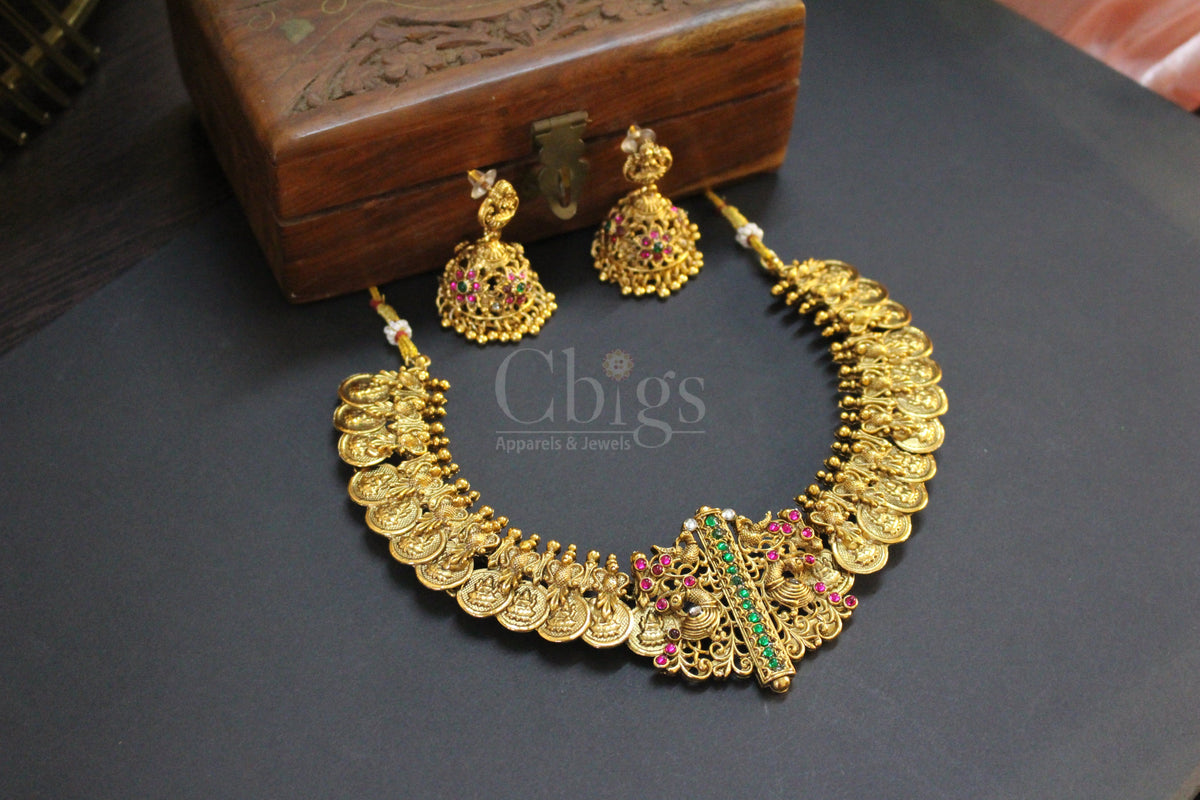 Ruby Emerald Peacock Coin Antique Necklace Set