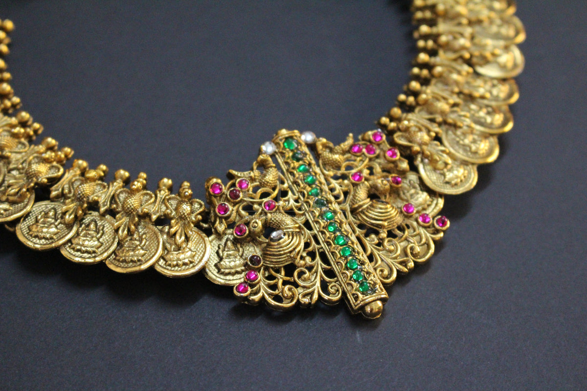 Ruby Emerald Peacock Coin Antique Necklace Set