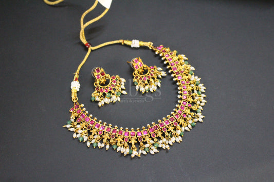 Ruby Square Stone Pearl Fringe Antique Necklace Set