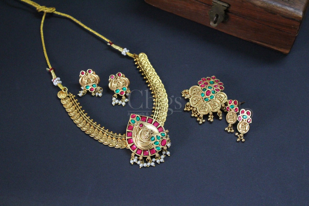 Peacock Coin Ruby Green Stone Antique Necklace Set