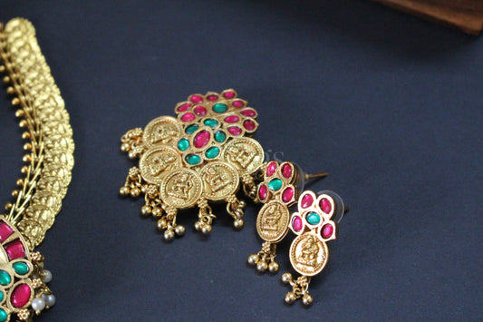 Peacock Coin Ruby Green Stone Antique Necklace Set