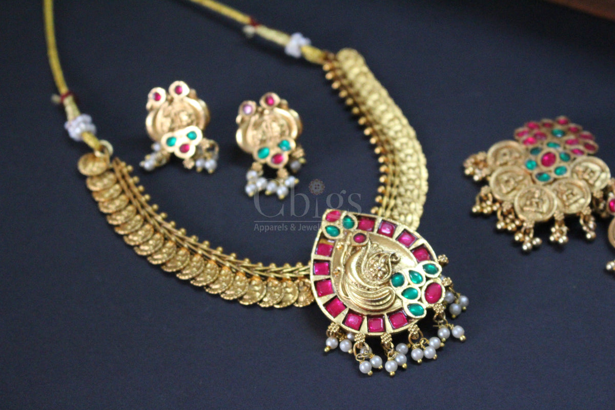 Peacock Coin Ruby Green Stone Antique Necklace Set