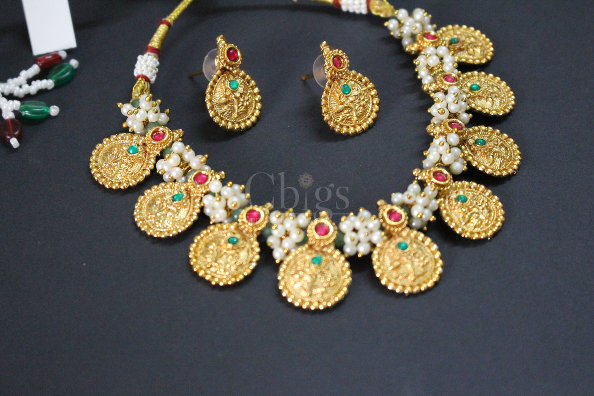 Pearl Cluster Ruby Green Coin Antique Necklace Set