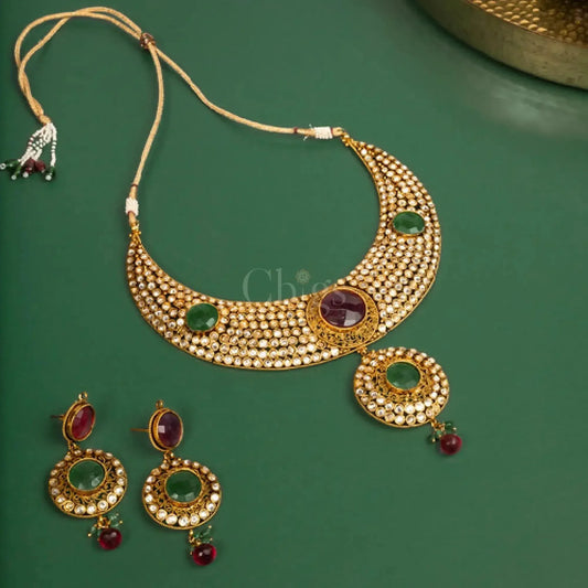 Antique White Stone Ruby Emerald Choker Set