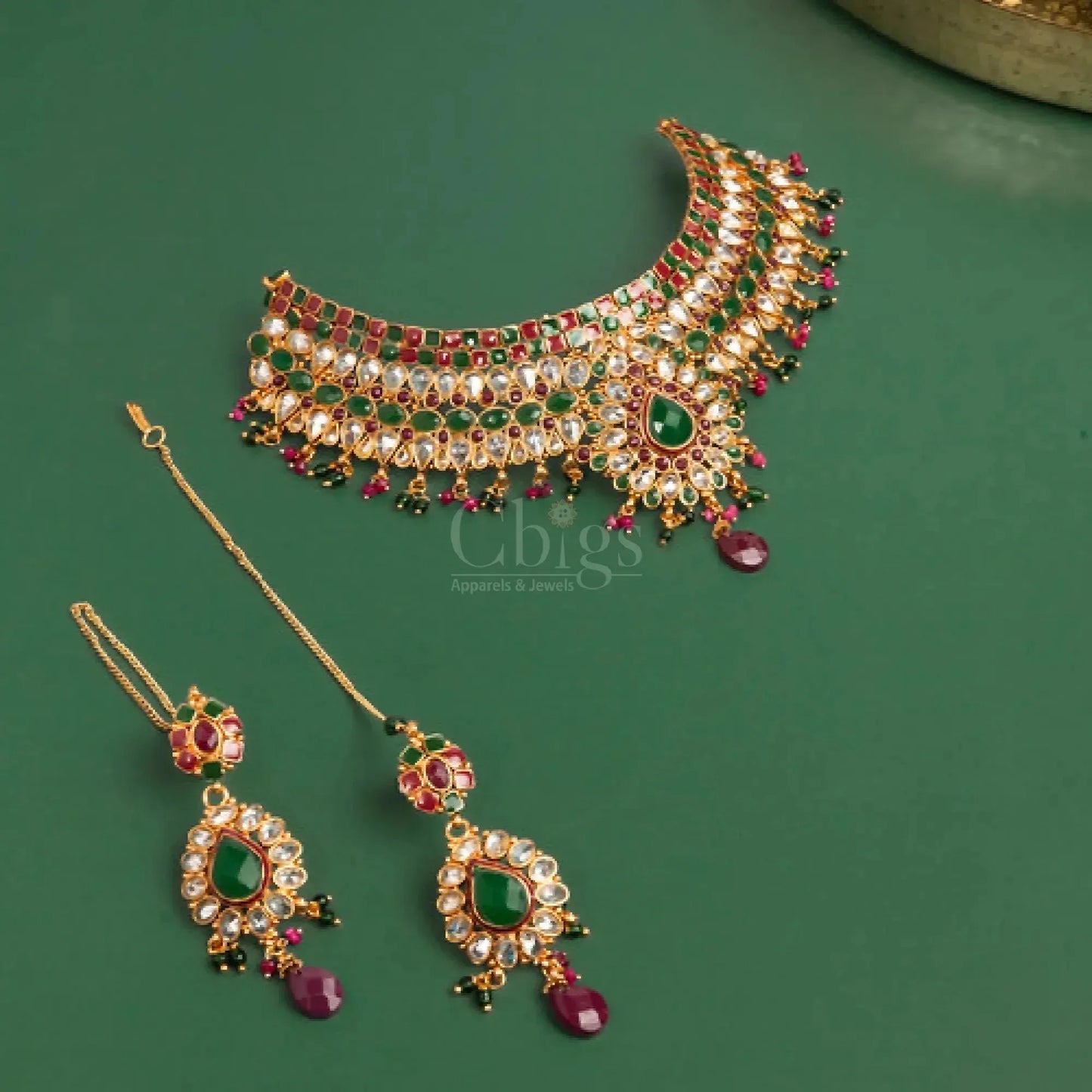Antique Ruby Emerald Fringe Choker Set