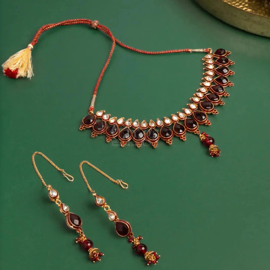 Antique Kundan Maroon Drop Choker Set