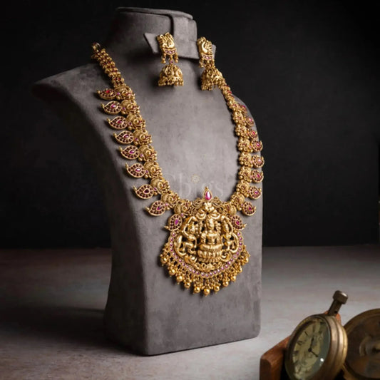 Antique Lakshmi Temple Necklace Set with Ruby Accents