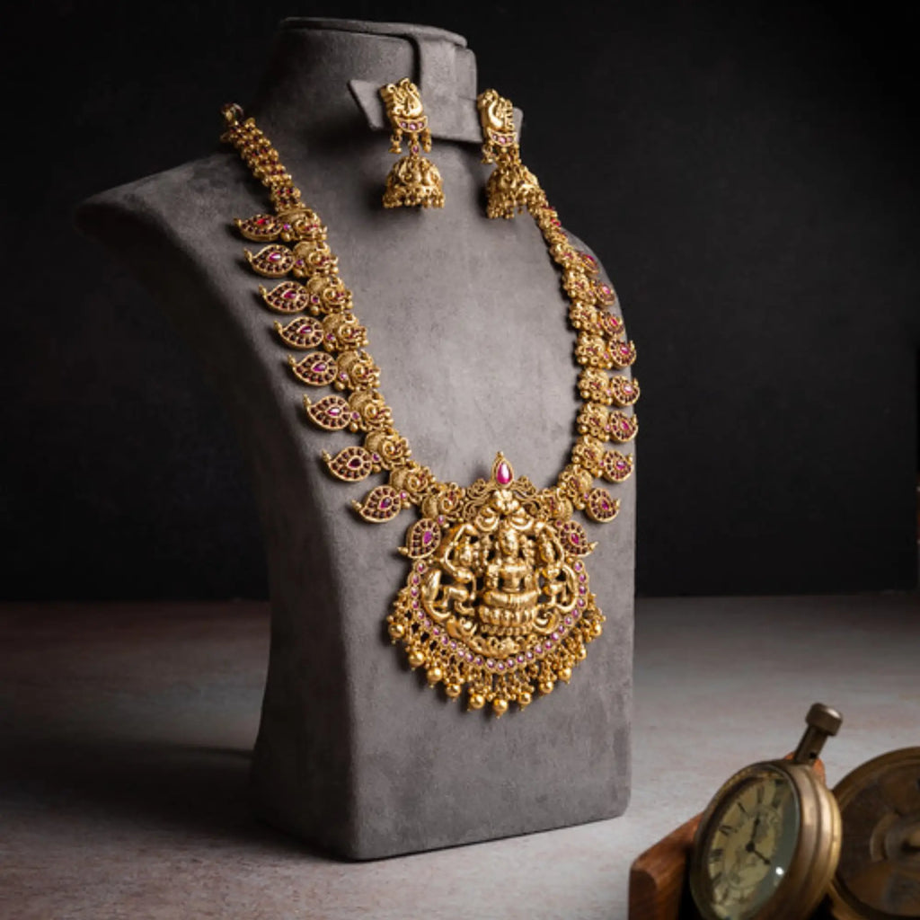 Antique Lakshmi Temple Necklace Set with Ruby Accents