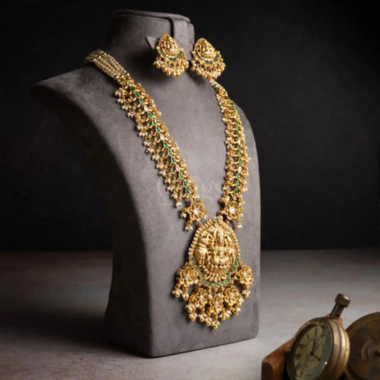 Antique Lakshmi Temple Necklace Set with Floral Mesh Design and Green Kemp Stones