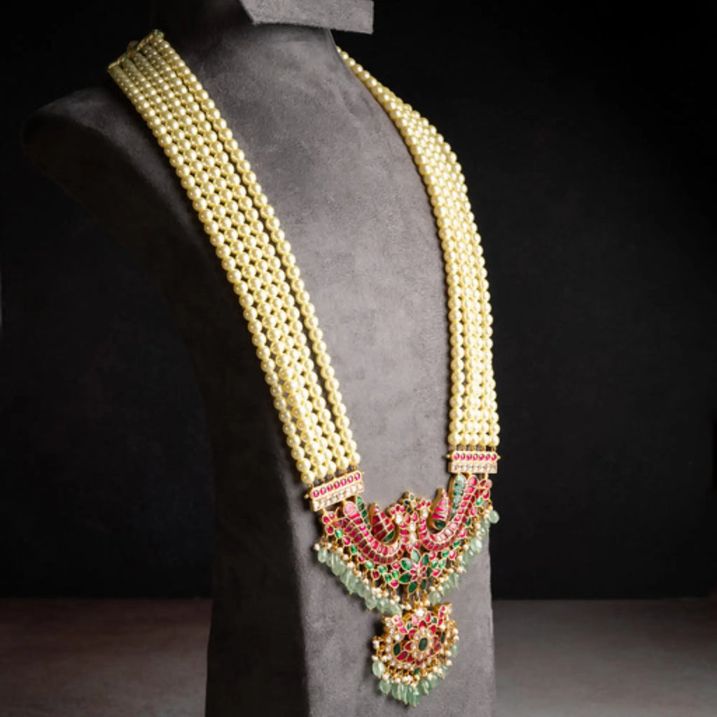 Kundan Pearl Bridal Haram with Peacock Motif Pendant