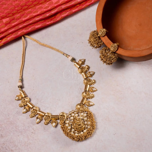 Antique Gold Lakshmi Coin Necklace Set with Pearl Embellishment