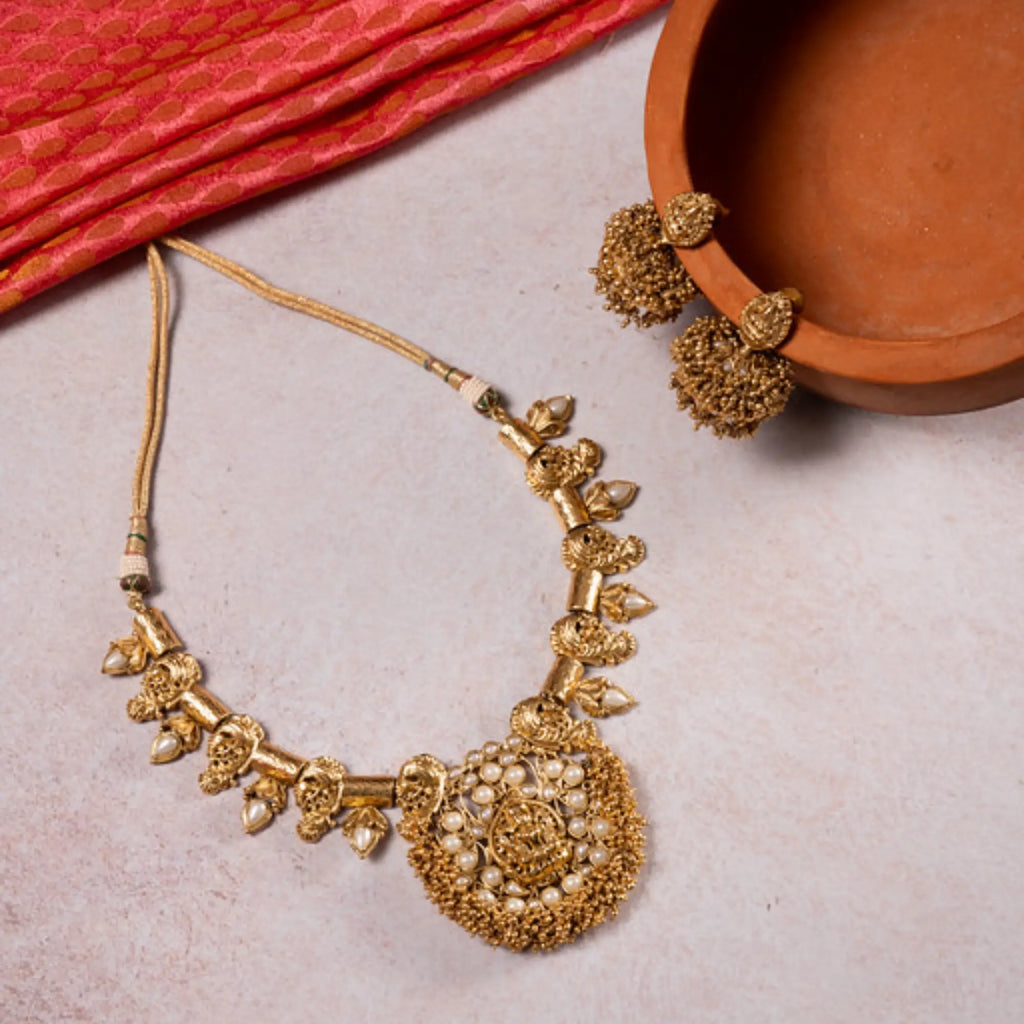 Antique Gold Lakshmi Coin Necklace Set with Pearl Embellishment