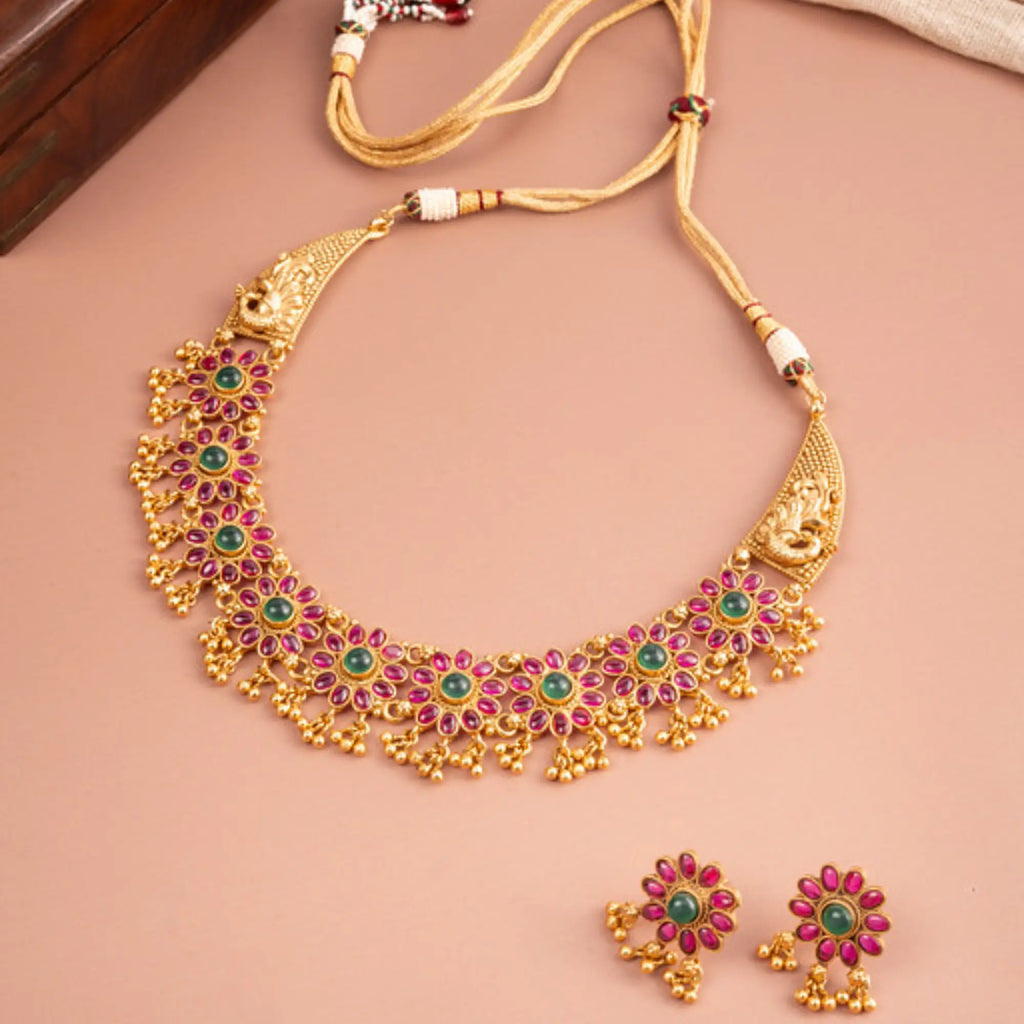 Goddess Lakshmi Temple Design Necklace Set with Ruby & Emerald Stones