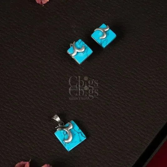 92.5 Silver Turquoise Stone Pendant Set