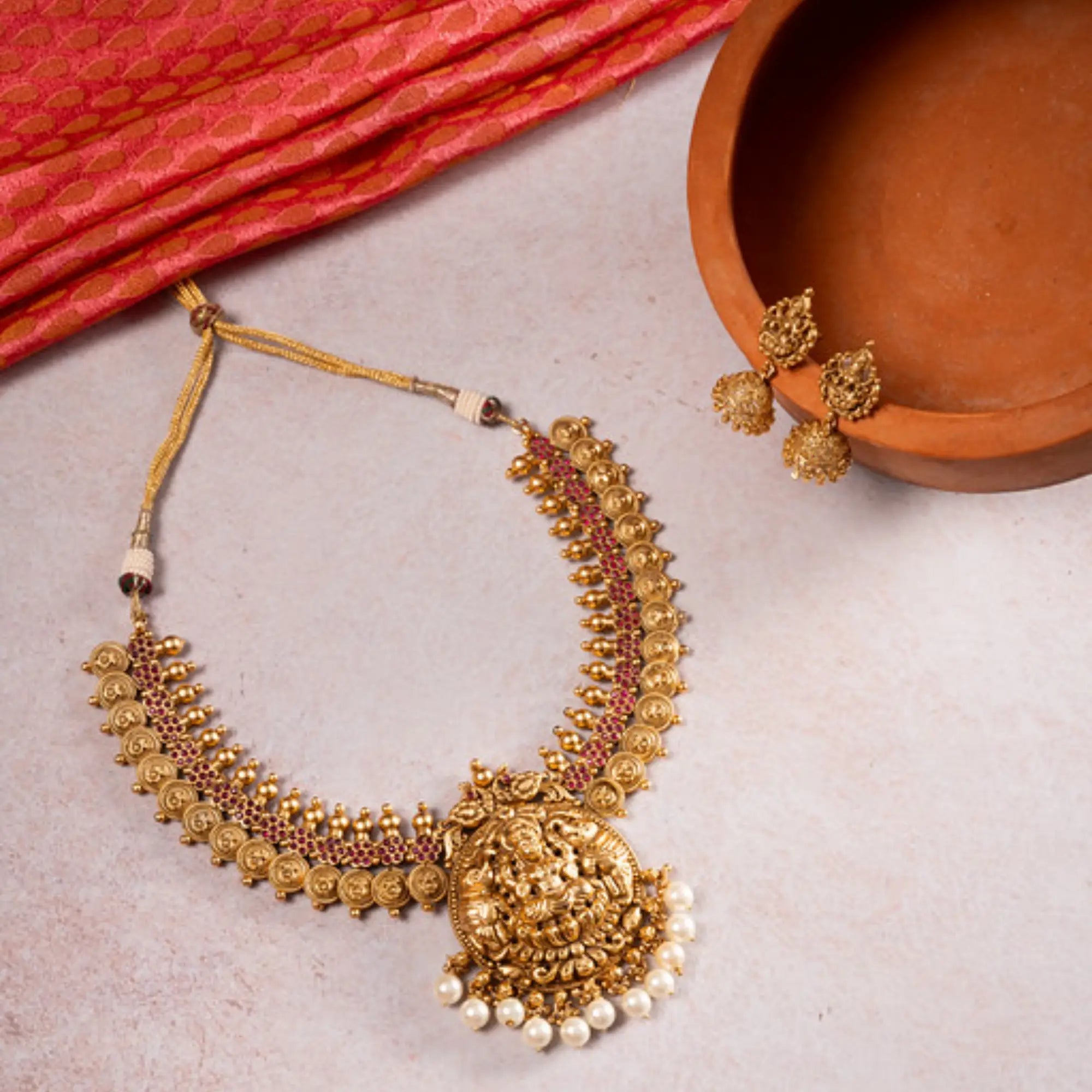 Antique Lakshmi Coin Necklace Set with Ruby Kemp Stones and Pearl Drops