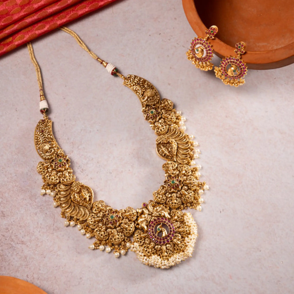 Antique Peacock and Floral Temple Necklace Set with Pearl Fringe
