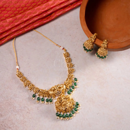 Antique Lakshmi Temple Necklace Set with Green Beads and Jhumkas